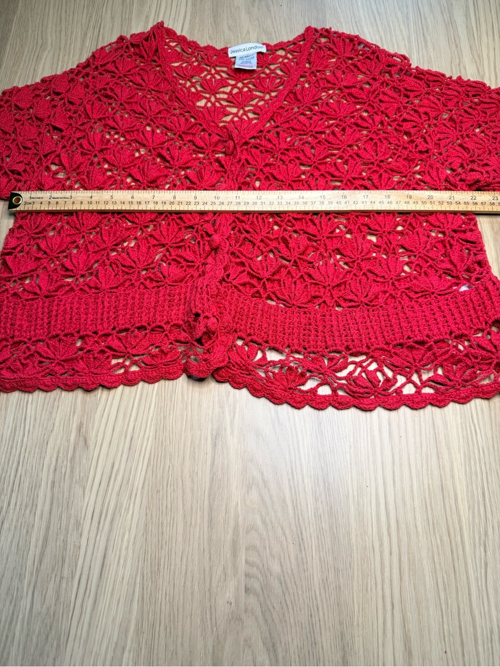 JESSICA LONDON Crochet Knit Button Up Red Shurg Cover Up Cardigan Sz 22/24 - Picture 7 of 10
